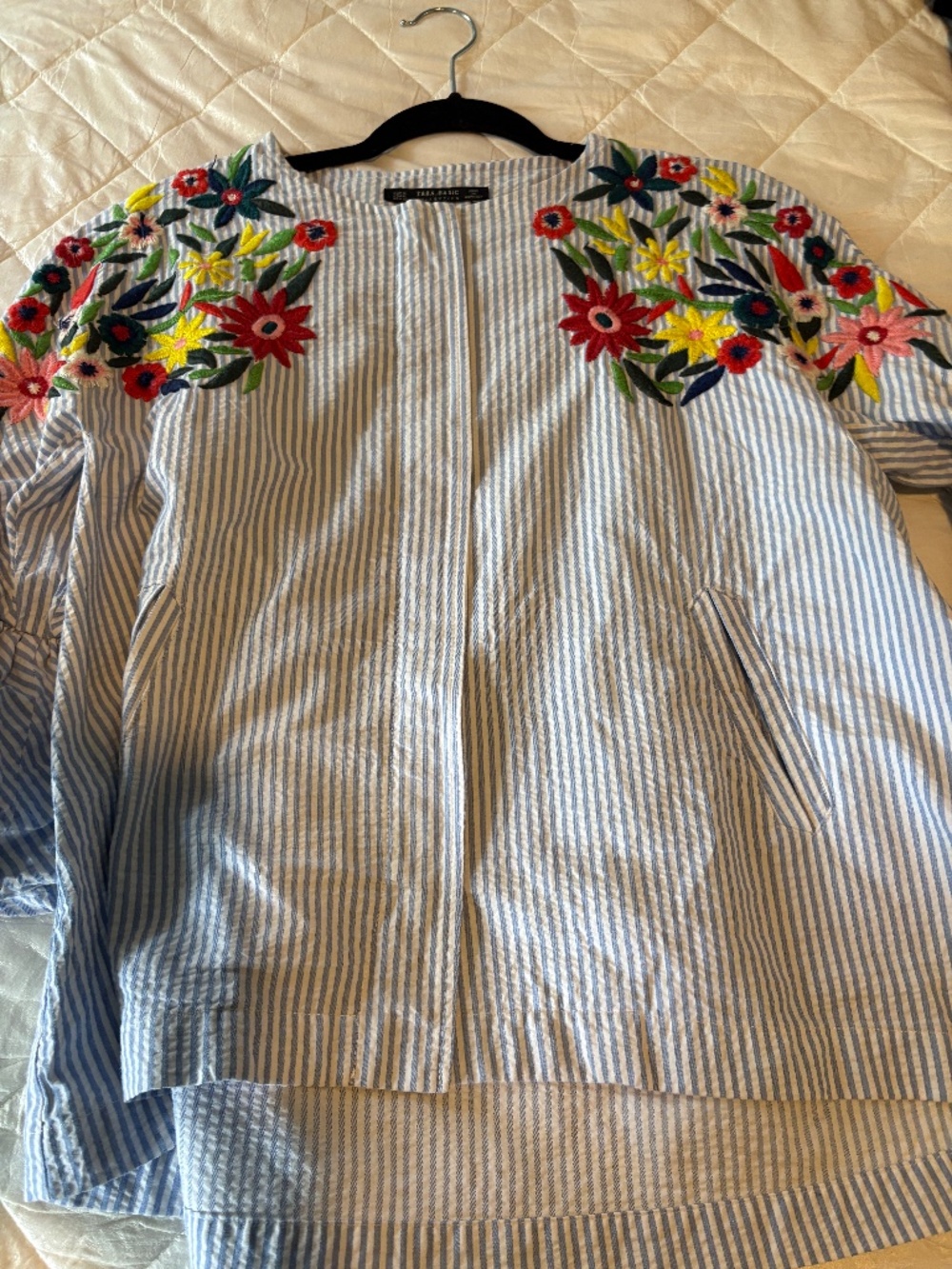 Zara Floral Embroidered Seersucker Stripe Blue White XL